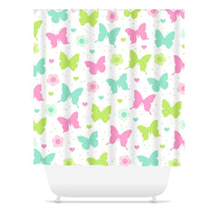 Butterflies and Flowers Shower Curtain, Pastel Pink Teal Blue Green Butterfly Baby Girl Bathroom Decor Bath Mat Towel Bathroom Set S174