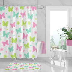 Butterflies and Flowers Shower Curtain, Pastel Pink Teal Blue Green Butterfly Baby Girl Bathroom Decor Bath Mat Towel Bathroom Set S174