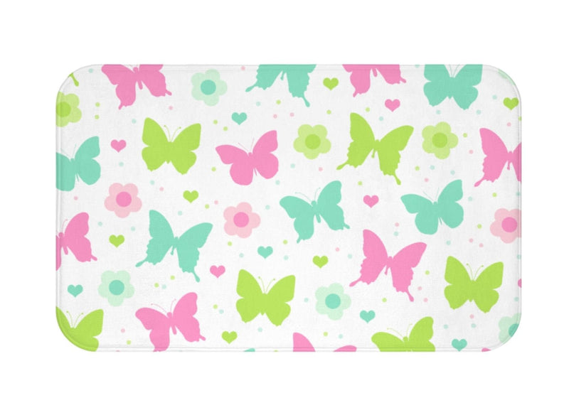 Butterflies and Flowers Shower Curtain, Pastel Pink Teal Blue Green Butterfly Baby Girl Bathroom Decor Bath Mat Towel Bathroom Set S174