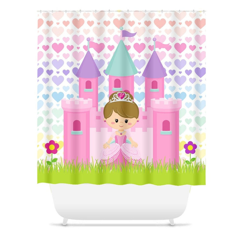 Princess Shower Curtain, Castle Carriage Princess Bathroom, Pink Purple Teal Hearts Girl Bathroom Bath Mat Towel Bathroom Set S174