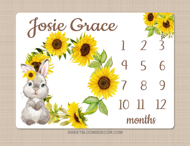 Sunflower Bunny Rabbit Milestone Blanket Flowers Wreath Monthly Growth Tracker Newborn Gift  Baby Girl Name Baby Shower Gift B1322