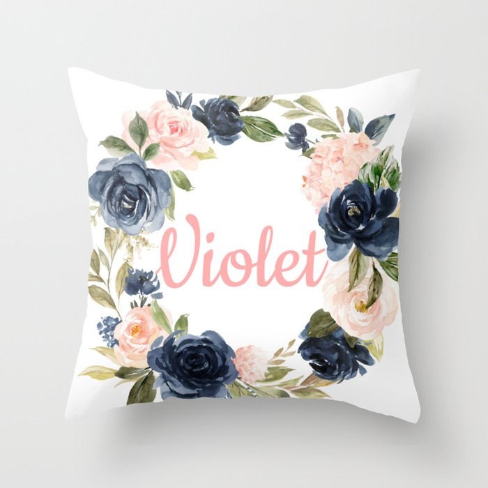 Navy Blue Blush Pink Floral Pillow Girl Name Throw Pillow Wreath Nursery Bedroom Room Decor Cushion Watercolor Floral Monogram Bedding 210