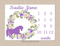 Horse Floral  Milestone Blanket Purple Lavender Flowers Baby Girl Name Blanket Cowgirl Blanket Baby Shower Gift Floral Bedding B1325