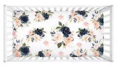 Navy Blush Pink Floral Crib Sheet, Watercolor Flowers Newborn Baby Shower Gift Nursery  127