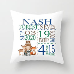 Woodland Animals Birth Announcement Pillow Personalized Birth Stats Throw Pillow Baby Shower Gift Baby Boy Nursery Decor Bedding P177