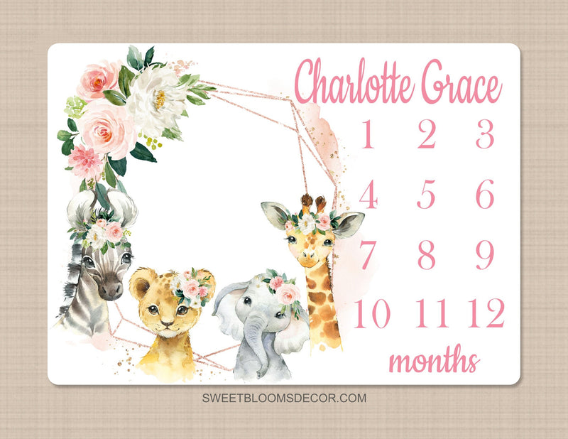 Safari Animals Floral Girl Milestone Blanket, Blush Pink Flowers Monthly Blanket Jungle Animals Personalized Newborn Baby Shower Gift B1317