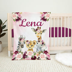 Safari Animals Floral Baby Girl Name Blanket Blush Pink Burgundy Red Maroon Purple Watercolor Flowers Personalized Baby Shower Gift B1326