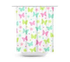 Butterflies and Flowers Shower Curtain, Pastel Pink Teal Blue Green Butterfly Baby Girl Bathroom Decor Bath Mat Towel Bathroom Set S174