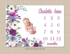 Purple Floral Milestone Blanket, Lavender Purple Watercolor Flowers Baby Growth Tracker Baby Name Shower Gift Monthly B1340