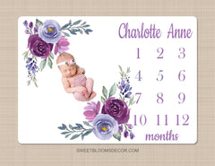 Purple Floral Milestone Blanket, Lavender Purple Watercolor Flowers Baby Growth Tracker Baby Name Shower Gift Monthly B1341