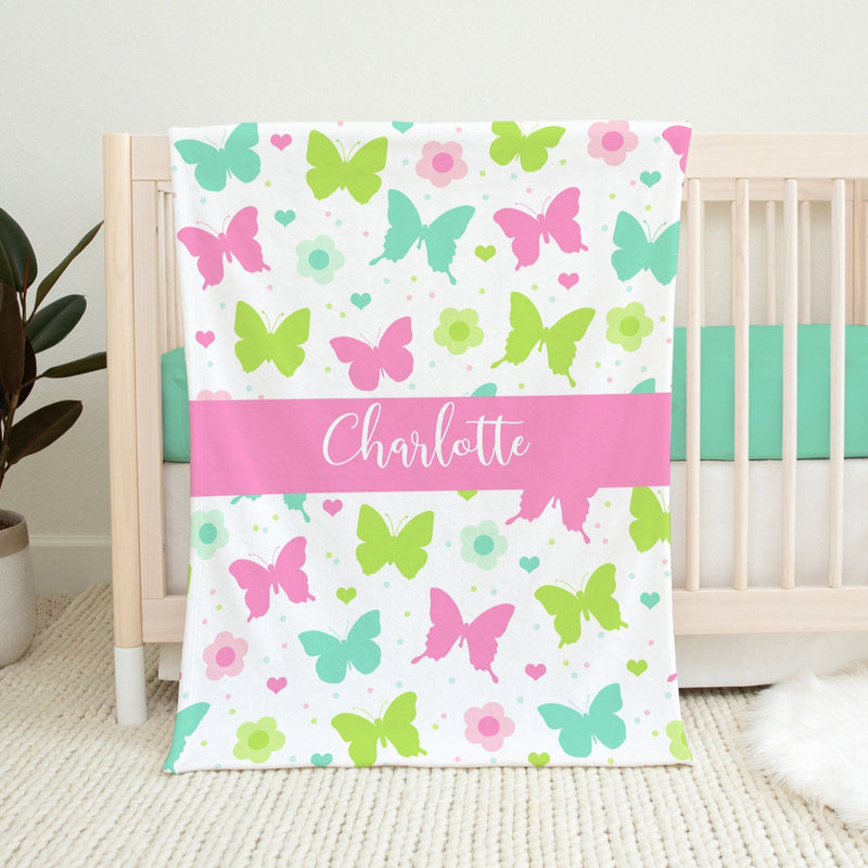 Baby Girl Name Blanket, Butterflies Flowers Pink Teal Green, Personalized Crib Blanket, Baby Shower Gift, Butterfly Toddler Bedding