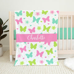 Baby Girl Name Blanket, Butterflies Flowers Pink Teal Green, Personalized Crib Blanket, Baby Shower Gift, Butterfly Toddler Bedding