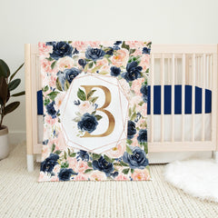 Floral Baby Girl Monogram Blanket, Blush Pink Navy Blue Gold Watercolor Flowers Personalized Newborn Baby Shower Gift B1125