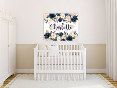 Navy Blush Pink Floral Girl Nursery Name Sign Flowers Over The Crib Wall Art Bedroom Decor Personalized Baby Shower Gift CANVAS C977