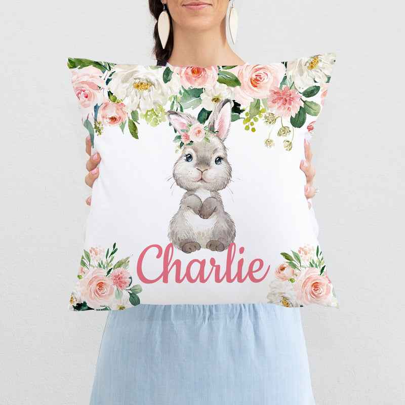 Bunny Floral Girl Throw Pillow Nursery Decor Blush Pink Coral Roses Flowers Bedroom Room  Cushion Girl Name Monogram Baby Shower Gift P280