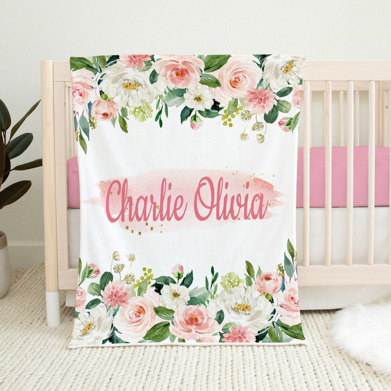 Blush Pink Floral Girl Name Blanket, Personalized Watercolor Pink Roses Baby Girl Crib Blanket, Baby Shower Gift Nursery Crib Bedding  B1329