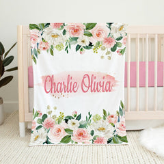 Blush Pink Floral Girl Name Blanket, Personalized Watercolor Pink Roses Baby Girl Crib Blanket, Baby Shower Gift Nursery Crib Bedding  B1329