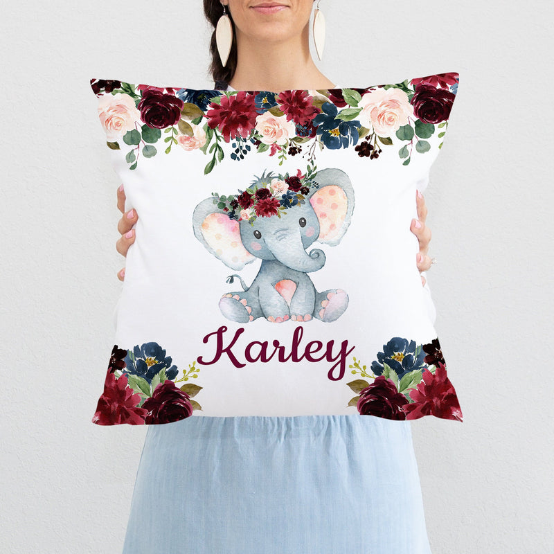 Elephant Floral Girl Name Throw Pillow Blush Pink Burgundy Red Navy Blue Maroon Watercolor Flowers  Nursery Bedding Decor 206