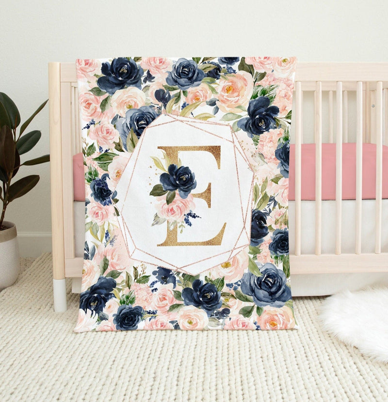 Floral Girl Monogram Blanket Blush Pink Gold Navy Watercolor Flowers Newborn Personalized Baby Shower Gift Toddler Birthday Gift B1125