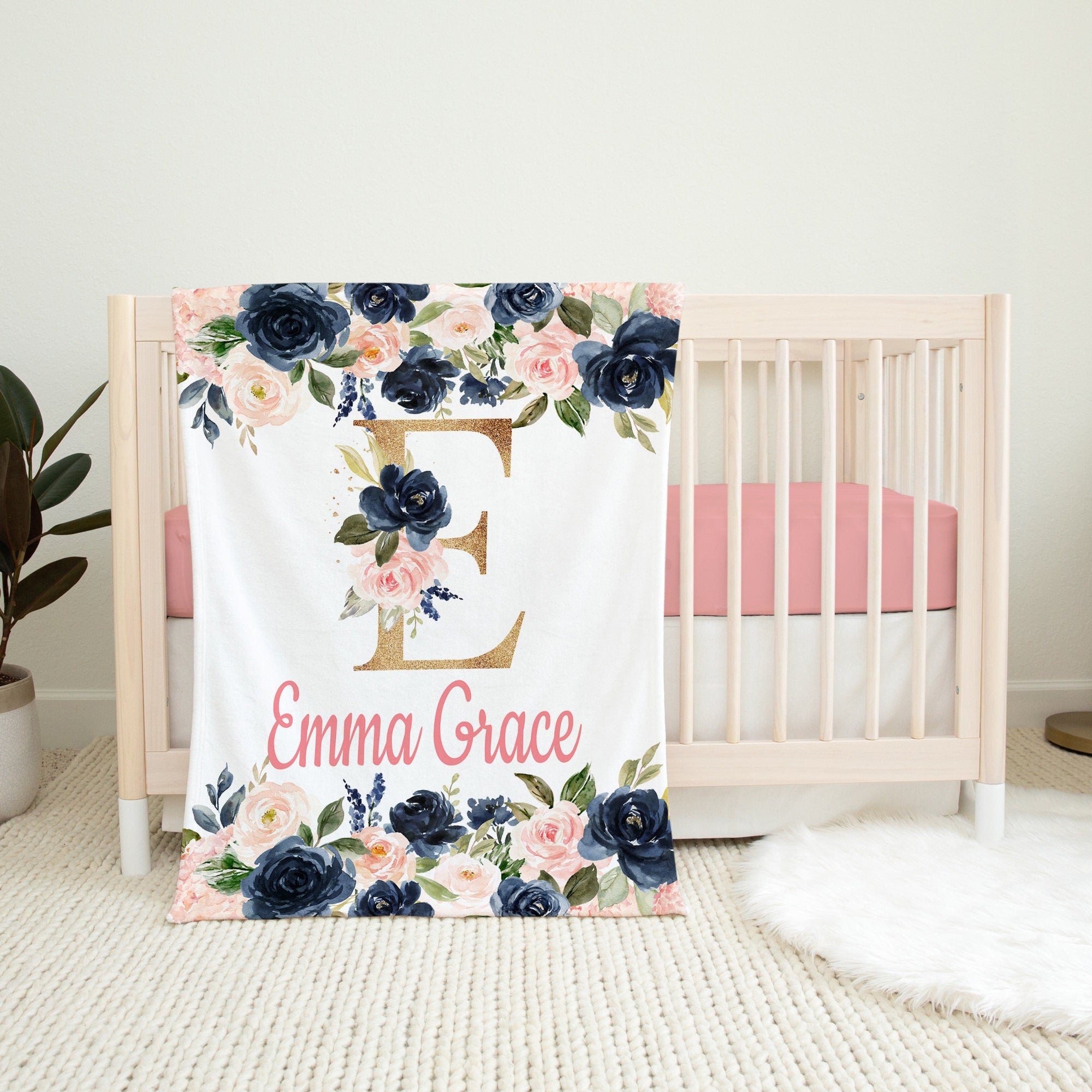 Navy and shop blush crib bedding