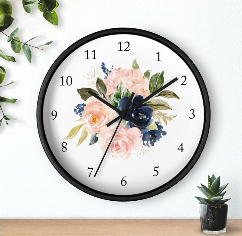 Floral Wall Clock, Navy Blue Blush Pink Watercolor Flowers Nursery Wall Clock, Girl Bedroom Decor