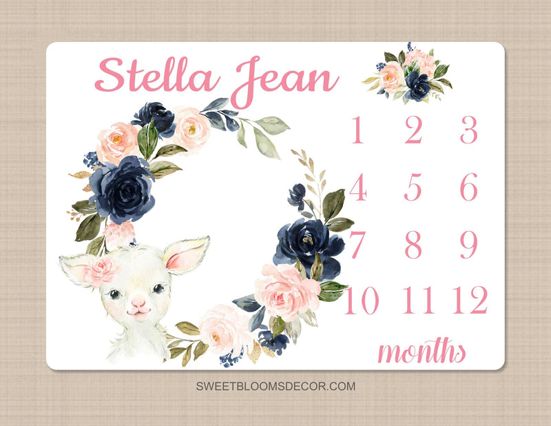 Lamb Floral Milestone Blanket  Navy Blue Blush Pink Flowers Personalized Newborn Baby Girl Farm Animals Watercolor  Monthly Blanket  B1347