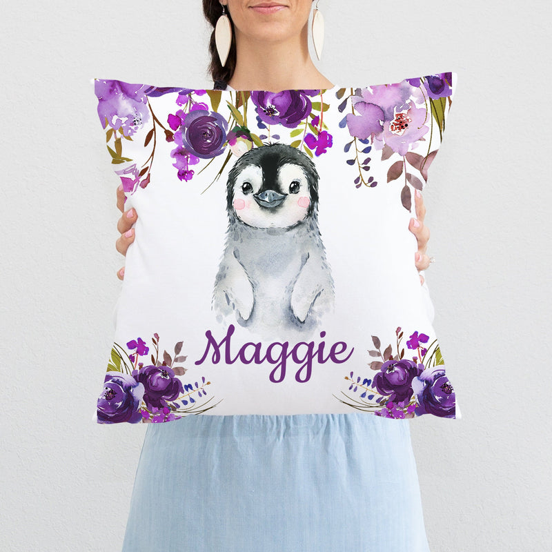 Penguin Floral Girl Throw Pillow Nursery Purple Lavender Flowers Bedroom Room Decor Cushion Girl Name Watercolor Monogram Playroom P285