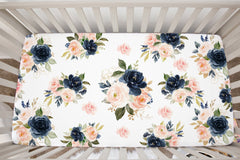 Navy Blush Pink Floral Crib Sheet, Watercolor Flowers Newborn Baby Shower Gift Nursery  127