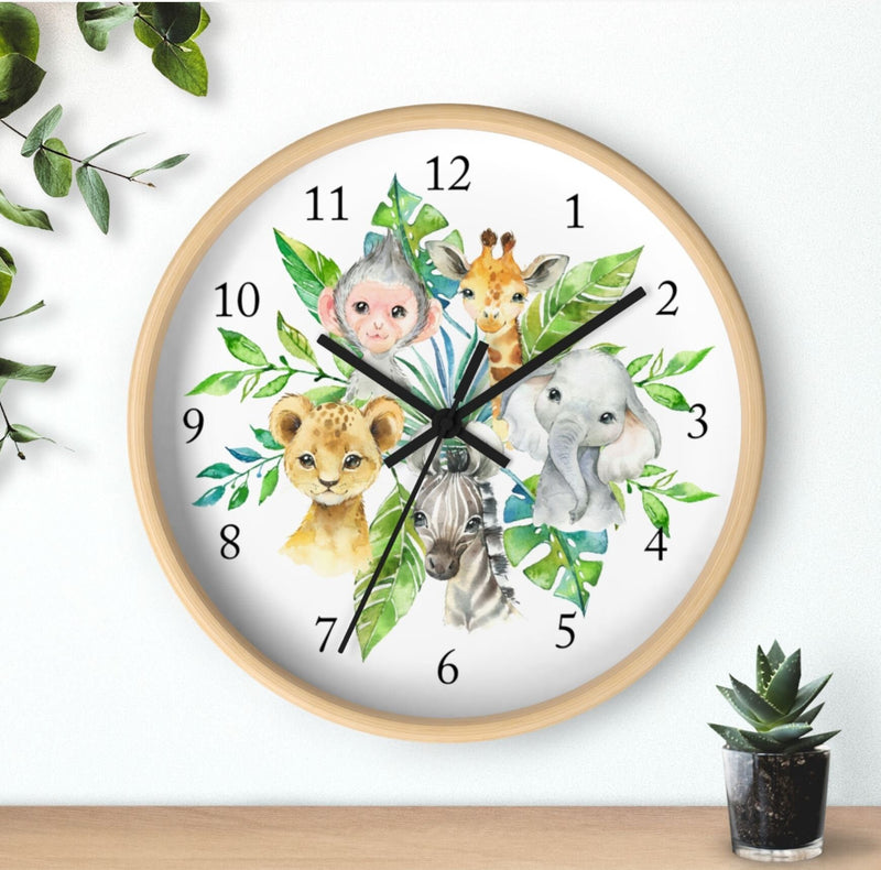 Safari Animals  Wall Clock, Watercolor  Nursery Wall Clock, Girl Boy Bedroom Decor, Zoo Animals Nursery Elephant Monkey Giraffe Zebra  Lion