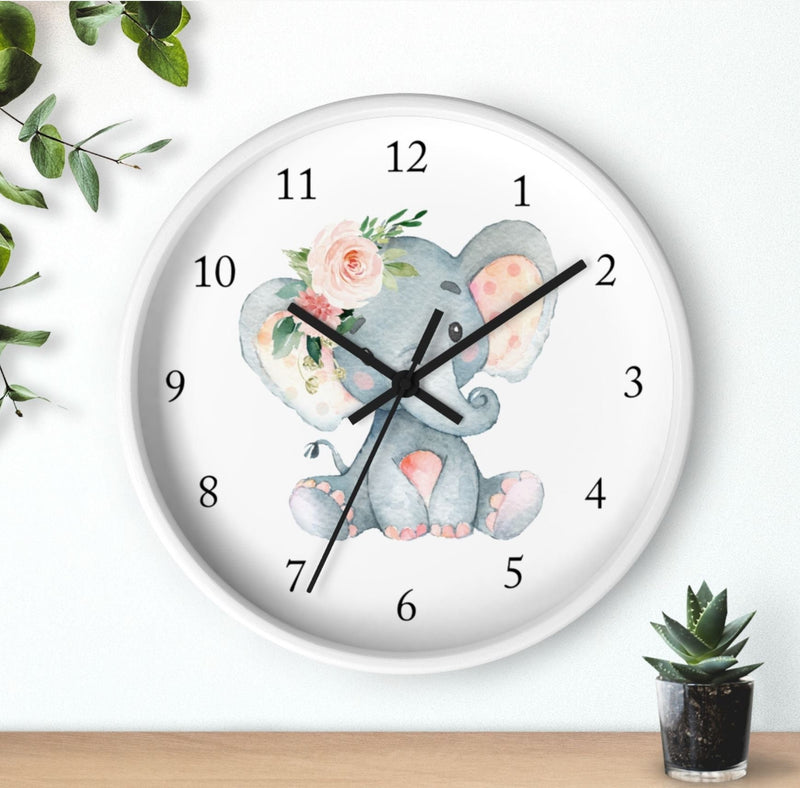 Elephant Wall Clock, Blush Pink Floral Watercolor  Nursery Wall Clock, Girl Boy Bedroom Decor, Jungle Animals Nursery Decor T111