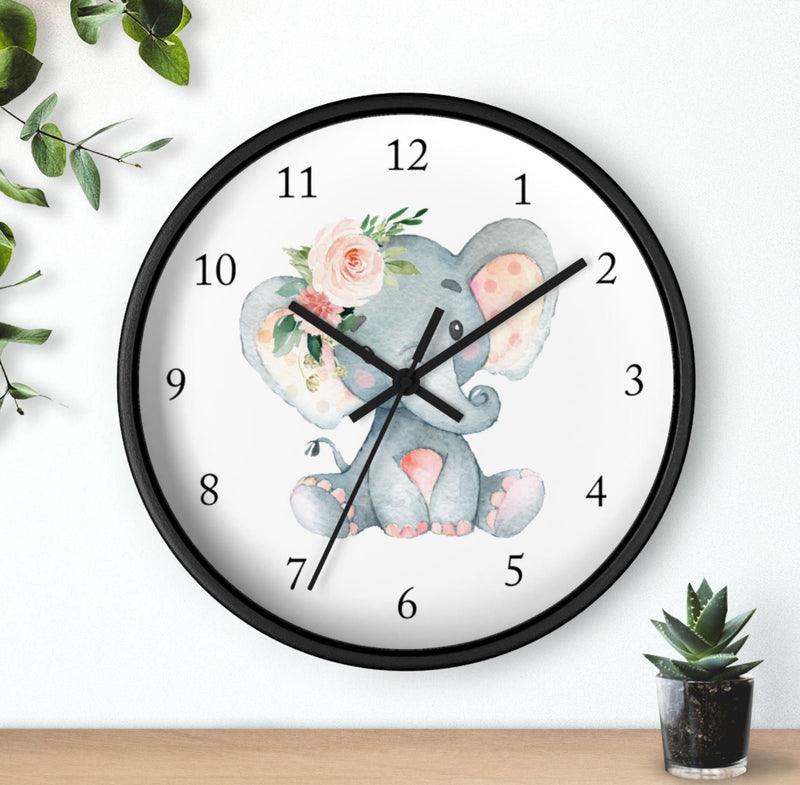 Elephant Wall Clock, Blush Pink Floral Watercolor  Nursery Wall Clock, Girl Boy Bedroom Decor, Jungle Animals Nursery Decor T111