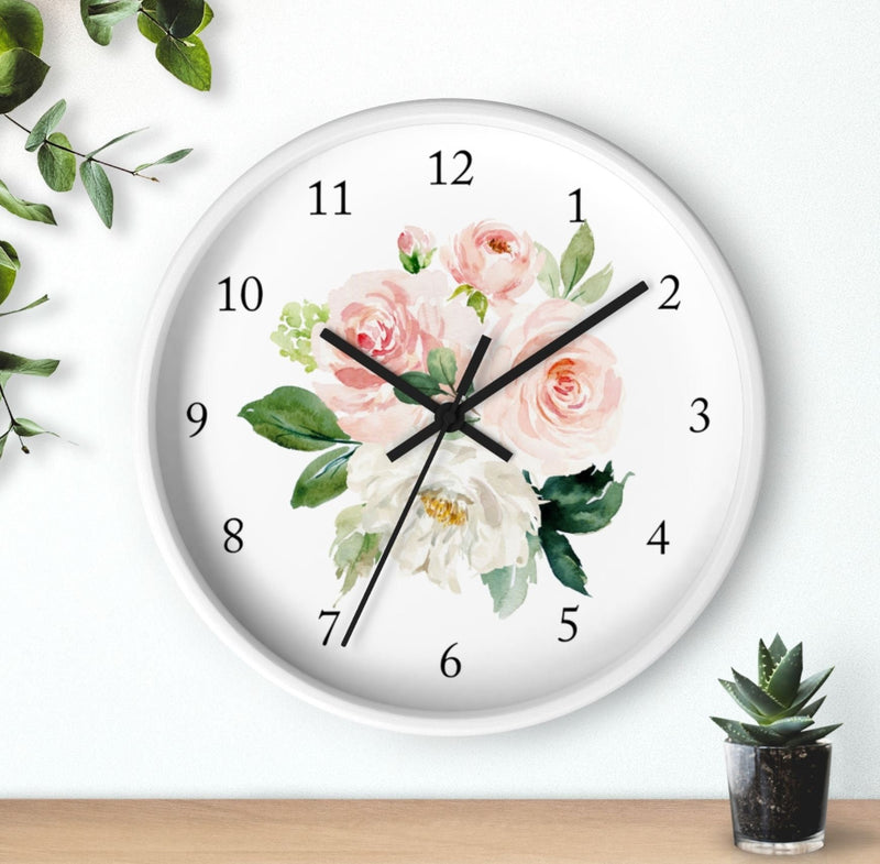 Floral Wall Clock, Blush Pink Coral Watercolor Flowers Nursery Wall Clock, Baby Girl Bedroom Decor T112