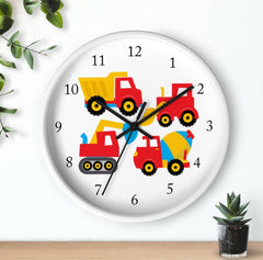 Construction Trucks Wall Clock, Transportation Dump Truck Mixer Digger Kids Boy Bedroom Wall Decor T113