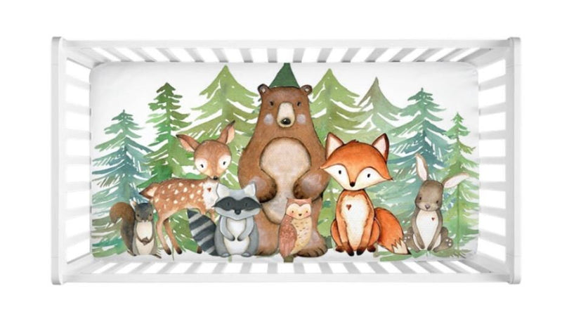 Woodland Animals Crib Sheet Rustic Evergreens Pine Trees Forest Bear Dear Fox Owl Raccoon Baby Boy  C147