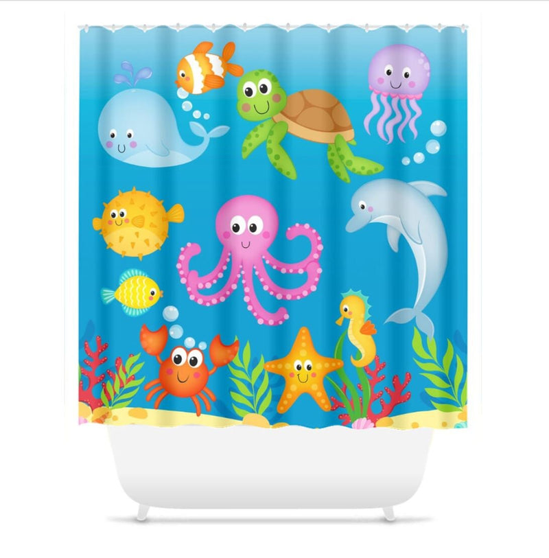 Sea Animals Shower Curtain, Under The Sea  Bathroom Decor Tooth Brush Holder Soap Dispenser Towle Bath Mat Turtle Whale Shark Octopus 189