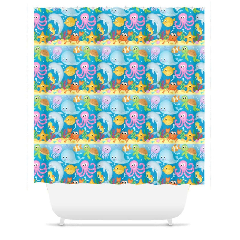 Sea Animals Shower Curtain, Under The Sea  Bathroom Decor Tooth Brush Holder Soap Dispenser Towle Bath Mat Turtle Whale Shark Octopus 189