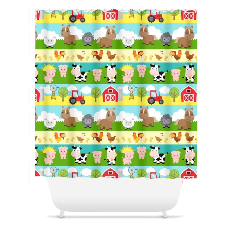 Farm Animals Shower Curtain, Kids Bathroom Decor Tooth Brush Holder Soap Dispenser Towle Bath Mat Cows Barn Horse Sheep Tractor Pig S190