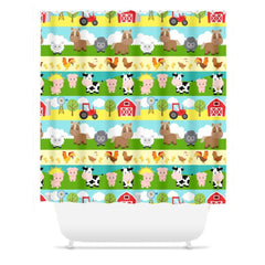 Farm Animals Shower Curtain, Kids Bathroom Decor Tooth Brush Holder Soap Dispenser Towle Bath Mat Cows Barn Horse Sheep Tractor Pig S190