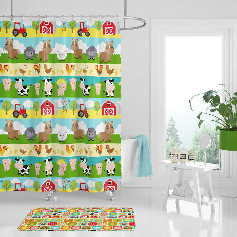 Farm Animals Shower Curtain, Kids Bathroom Decor Tooth Brush Holder Soap Dispenser Towle Bath Mat Cows Barn Horse Sheep Tractor Pig S190