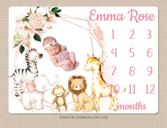 Safari Animals Girl Milestone Blanket, Blush Pink Floral Personalized Monthly Blanket Watercolor Jungle Animals Baby Shower Gift B1402