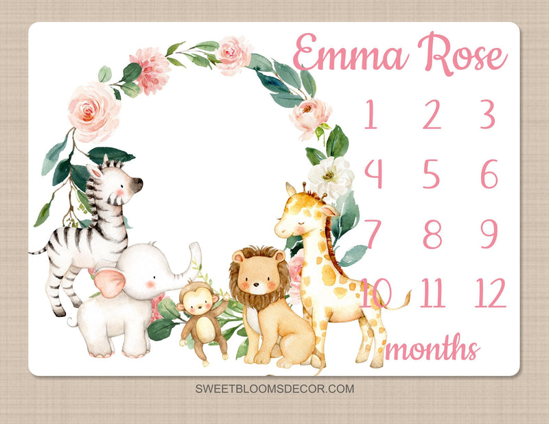 Animals Girl Milestone Blanket, Blush Pink Floral Personalized Monthly Blanket Watercolor Safari Jungle Animals Baby Shower Gift B1400