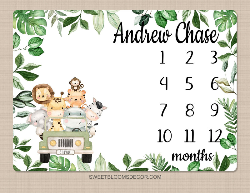 Safari Animals Milestone Blanket, Personalized Monthly Growth Blanket Jungle Truck Tropical Greenery Leaves Newborn Baby Shower Gift B1396