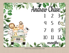 Safari Animals Milestone Blanket, Personalized Monthly Growth Blanket Jungle Truck Tropical Greenery Leaves Newborn Baby Shower Gift B1396