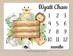 Safari Animals Milestone Blanket, Personalized Monthly Growth Blanket Jungle Boy Tropical Greenery Leaves Log Newborn Baby Shower Gift B1393