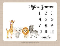 Animals Milestone Blanket, Personalized Boy Girl Neutral Monthly Growth Tracker Blanket Safari Jungle Newborn Baby Shower Gift B1391