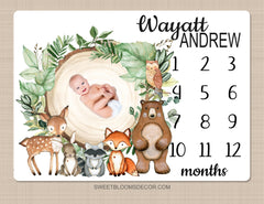 Woodland Milestone Blanket Personalized Rustic Forest Animals Greenery Log Bear Fox Deer Raccoon Growth Tracker Baby Shower Gift B1403