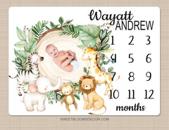 Safari Animals Milestone Blanket Personalized Rustic Tropical  Forest Animals Greenery Log Growth Tracker Newborn Baby Shower Gift B1404