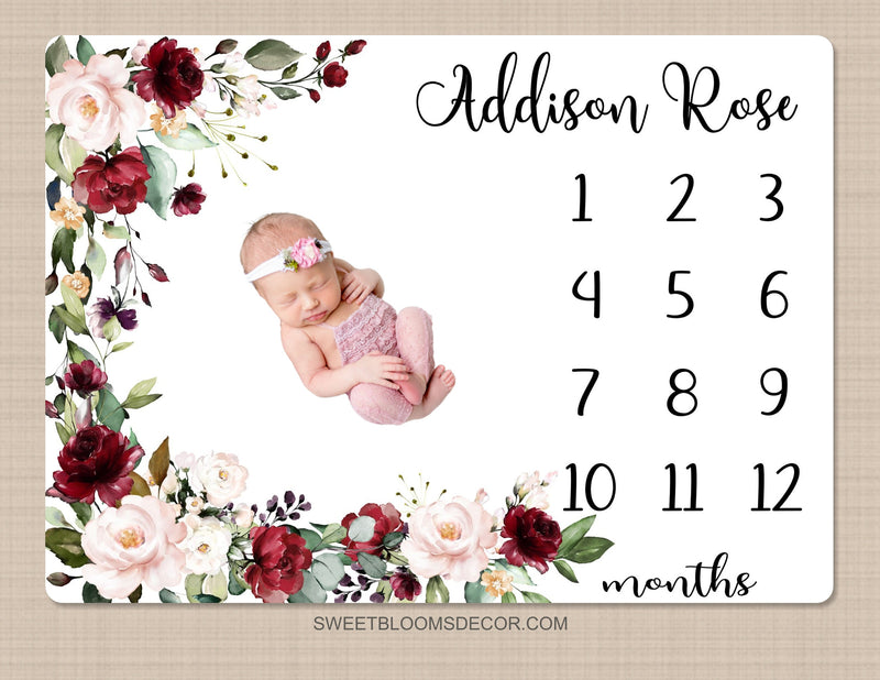 Floral Red Roses Milestone Blanket, Personalized Floral Monthly Growth Blanket Watercolor Blush Pink Red Flowers Baby Shower Gift  B1406