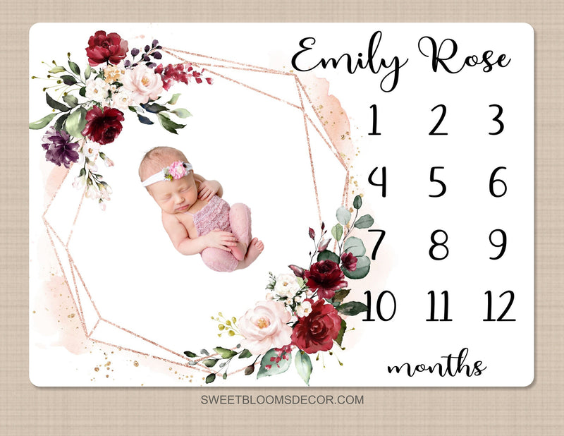 Floral Red Roses Milestone Blanket, Personalized Monthly Growth Blanket Watercolor Blush Pink Burgundy Red Flowers Baby Shower Gift  B1408