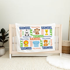 Safari Animals Baby Name Blanket, Baby Boy Jungle Zoo Monogram Crib Bedding Elephant Lion Monkey Giraffe Giraffe Tiger  Baby Shower GiftB229